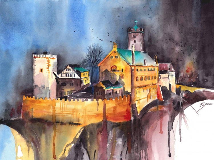 Aquarell "Wartburg bei Nacht" 30x40 cm